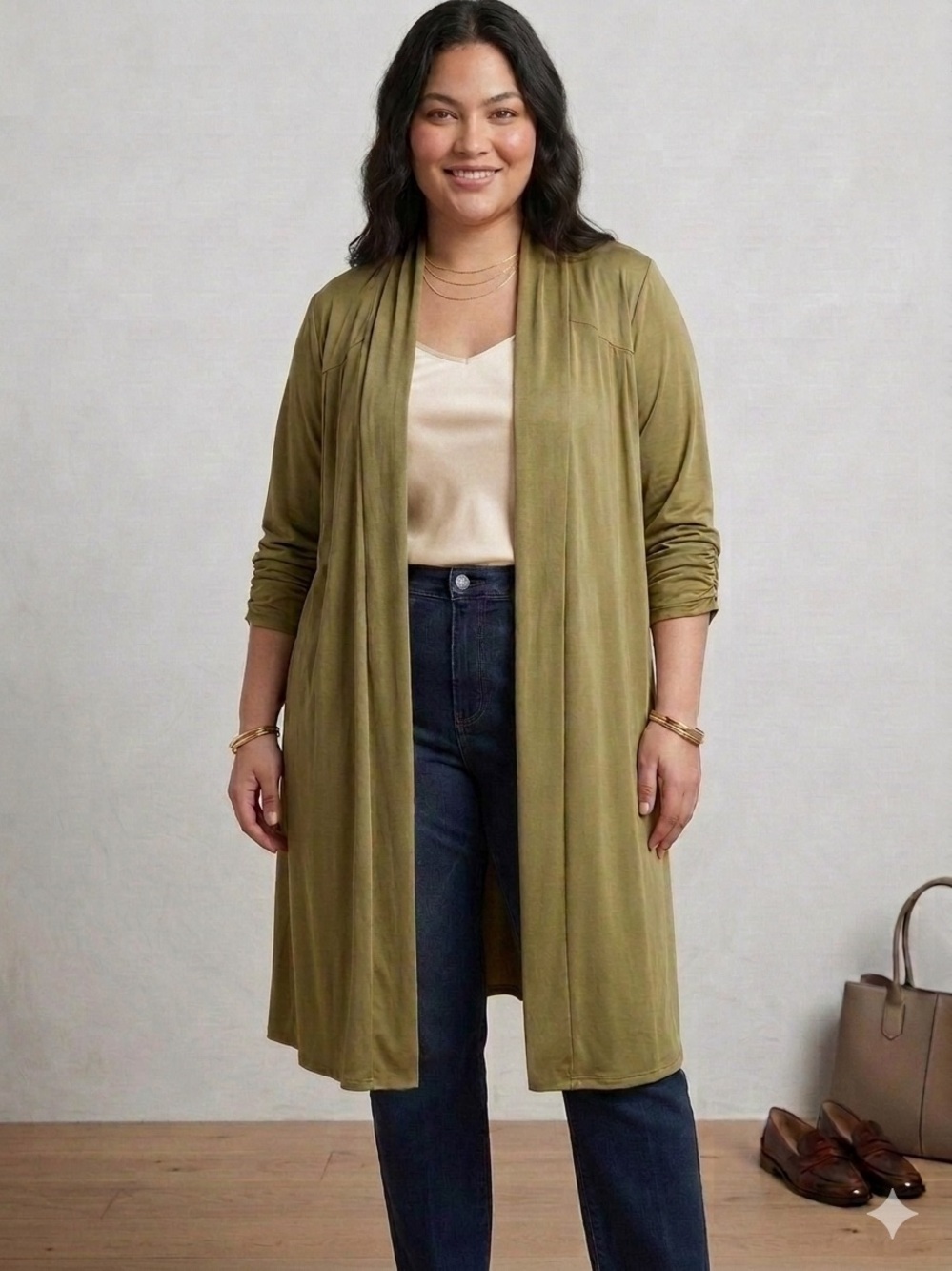 Soft Focus Olive Green Open Front Duster Cardigan Womens 3X Stretch